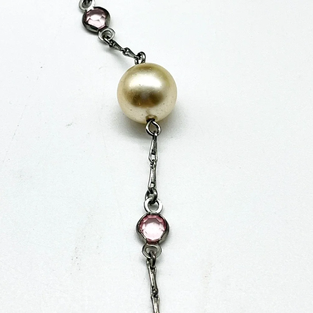 Signed Monet Necklace Silver Tone Pink Rhinestone Faux Pearl Station Vintage